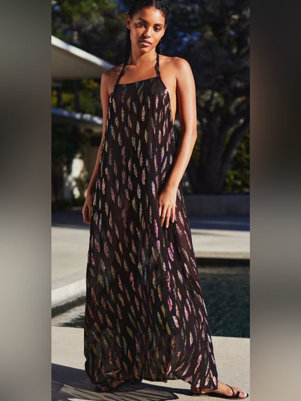 PQ Swim Black Halter Maxi Dress with Metallic Feather Motif size XS
